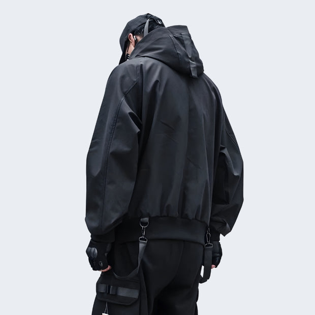 Man wearing black bybb cargo jacket comes with hood