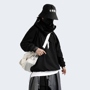 Man wearing cyberpunk style hoodie elastic on ends of sleeves