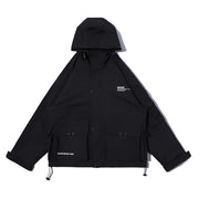 Unisex wearing black techwear zip up hoodie multiple pocket decoration
