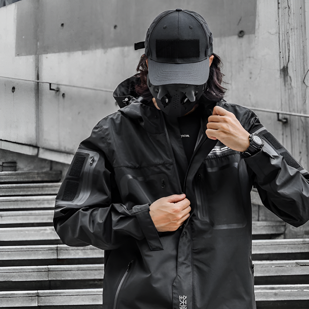 Unisex wearing black tactical jacket comes with hood