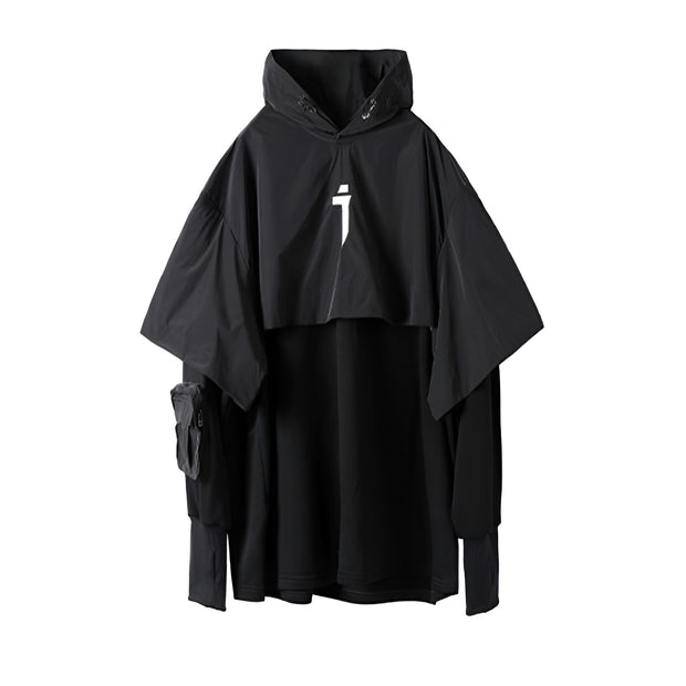 Unisex wearing black techwear hoodie adjustable hood