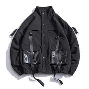 Black cargo bomber jacket zipper closure 