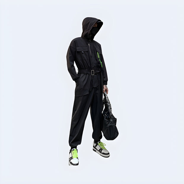 11 BYBB S DARK multi-pocket hooded cargo jumpsuit for men, Harajuku hip-hop style with creative sashes.