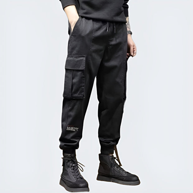 Water-resistant fabric black baggy men pants reflective detailing