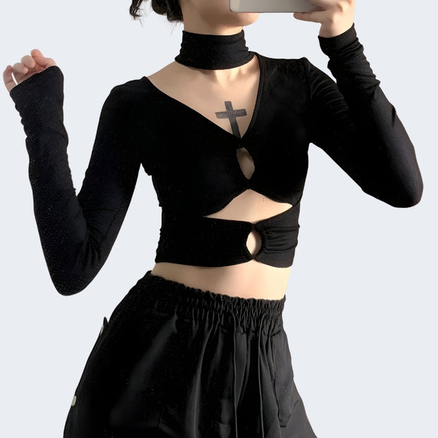 Woman wearing black Bandage top long sleeve goth top