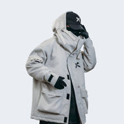 Multiple pockets decoration beige white ninja jacket.