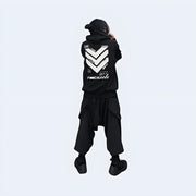 Back view of black 11 BYBB’s Dusk Hoodie – minimalist cyberpunk techwear style with clean panel design and oversized hood.