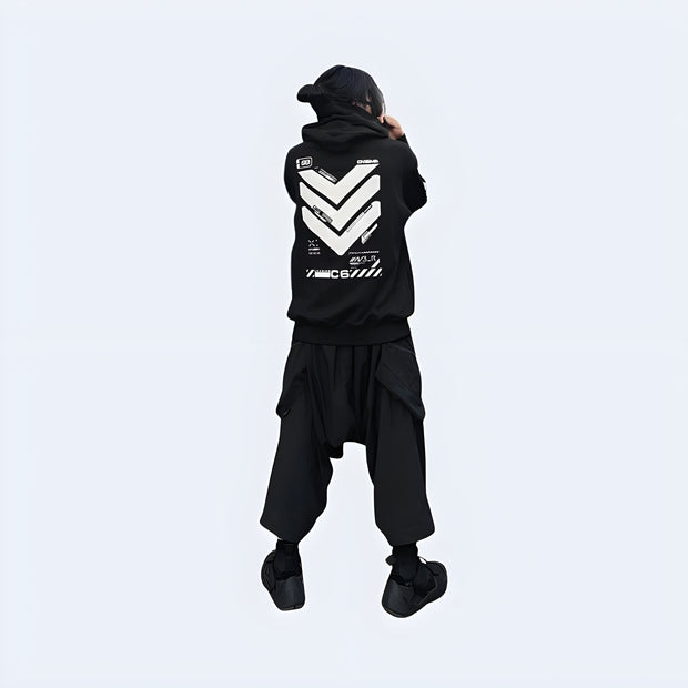 Back view of black 11 BYBB’s Dusk Hoodie – minimalist cyberpunk techwear style with clean panel design and oversized hood.