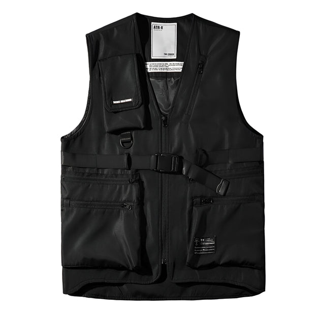 Unisex wearing black cargo jacket sleeveless vest style jacket