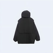 Black cargo jacket with hood, back view, Techwear UK modern streetwear.