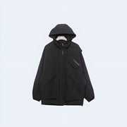 Unisex wearing black cargo jacket with hood multiple pockets decoration