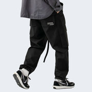 Black streetwear cargo pants Elastic drawstring closure Side pocket