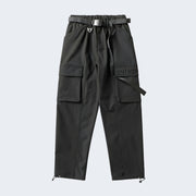 Black techwear cargo pants with a belt and straps