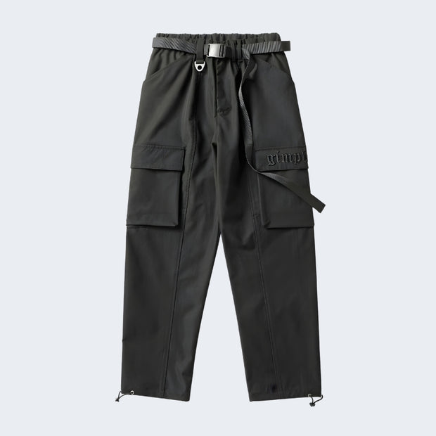 Black techwear cargo pants with a belt and straps