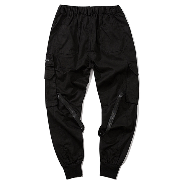Black cargo pants with straps back view