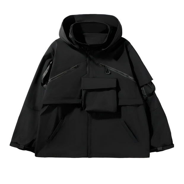 Black cyberpunk hoodie multi pocket decoration