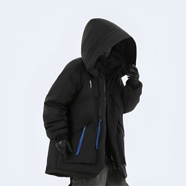 Woman wearing black enshadower jacket zipper closure with hood