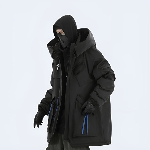 Woman wearing black enshadower jacket zipper closure with hood