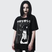 Women wearing black gothic anime girl t-shirt high quality print