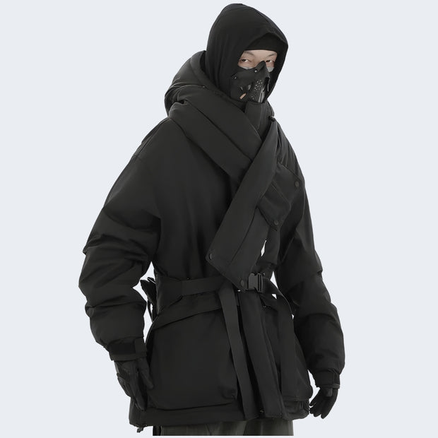 Man wearing black htgy techwear coat zipper closure
