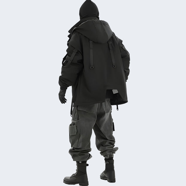 Man wearing black hypebeast techwear jacket hooded