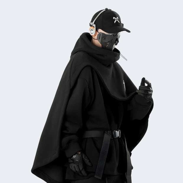 Man wearing black japanese kanji hoodie back scarf