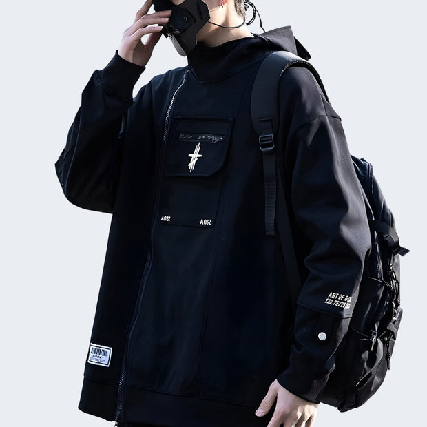 Man wearing black japanese techwear hoodie zip closure with pocket on front