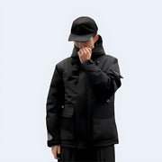 Black ninja jacket zipper closure comes with hood.