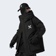 Black ninja jacket zipper closure comes with hood.