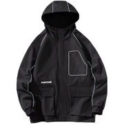 Comes with hood reflective rain jacket black