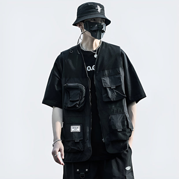 Black tactical vest streetwear zipper closure