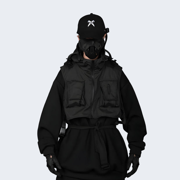 Man wearing black tech fleece hoodie adjustable hood