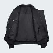 Black bomber jacket techwear zipper closure with button