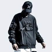 Man wearing black bomber jacket techwear zipper closure