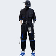 Man wearing techwear multi pocket jumpsuit adjustable waist