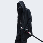 Man wearing black techwear ninja coat turn-down collar style