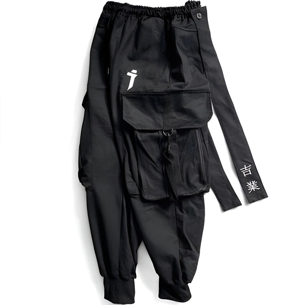 Black techwear ninja pants japanese kanji pants