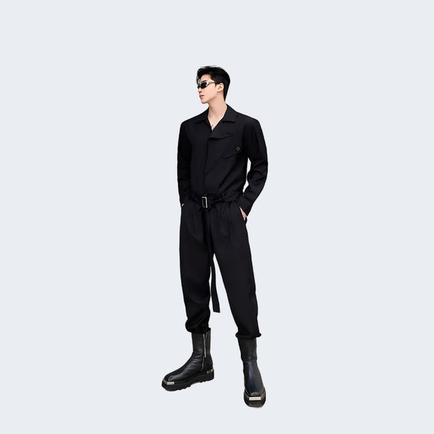 Man wearing black techwear overall adjustable