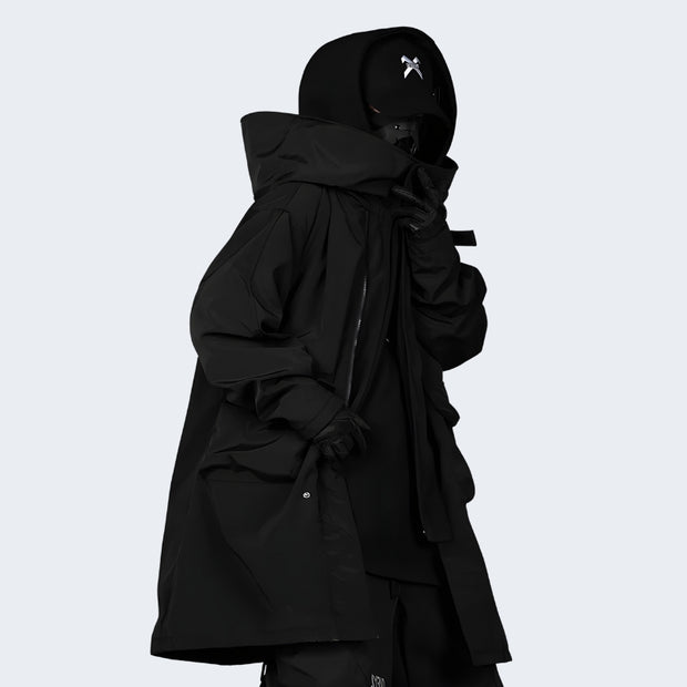 Man wearing black techwear parka zipper closure