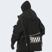 Man wearing black techwear rain jacket decoration on the back