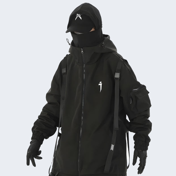 Man wearing black techwear rain jacket zipper closure