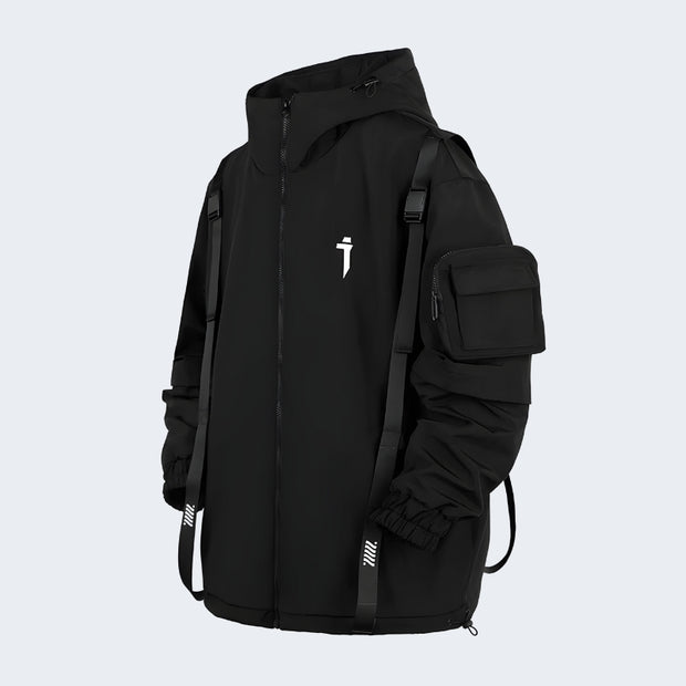Unisex black techwear rain jacket with pockets on the arm
