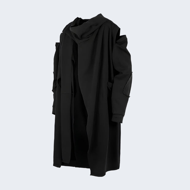 Unisex wearing black techwear winter coat turn-down collar style