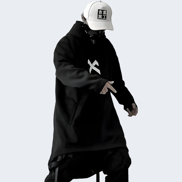 Man wearing black warcore hoodie multiple pockets decoration