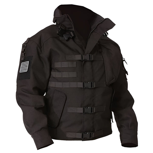 Unisex wearing black warcore jacket multiple pockets decoration