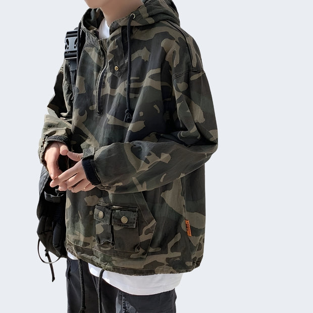 Man wearing camo cargo jackets with hood
