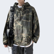 Man wearing camo cargo jackets multiple pockets