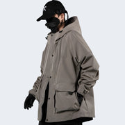Man wearing grey double layer zip hoodie zipper closure