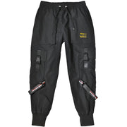 Black tactical cargo pants elasticated cuffs front side