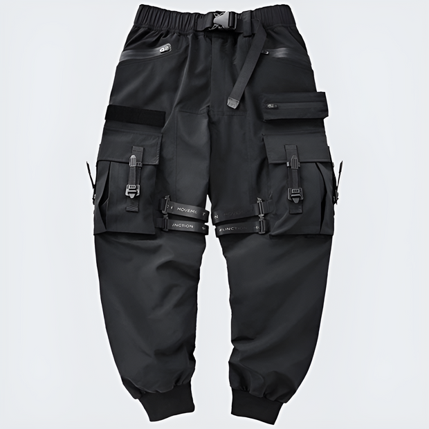 Black techwear cargo trouser front view